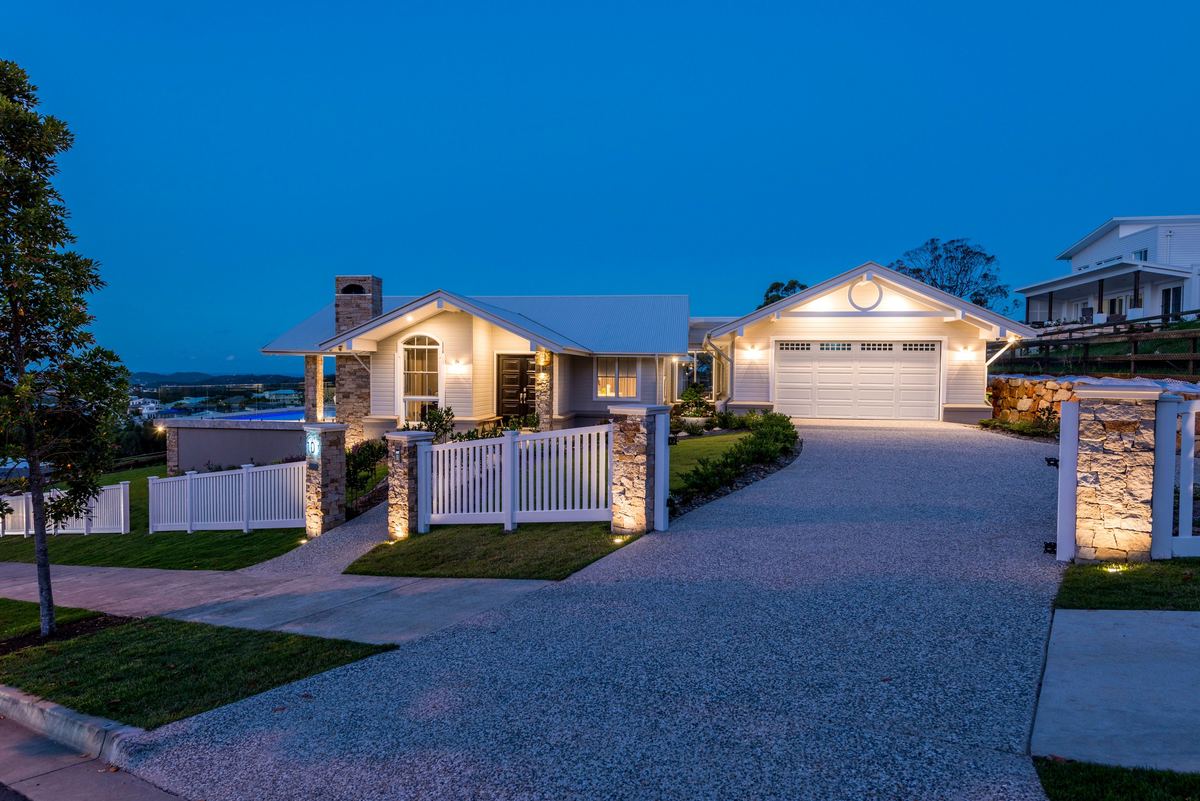 A freshly renovated home exterior at dusk